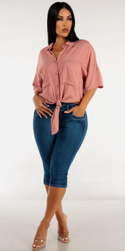 Super High Waist Blue Butt Lifting Denim Capris with Mauve Button Up Tunic Shirt sold by Moda