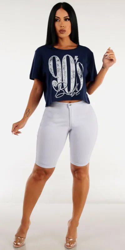 High Waisted Hyper Stretch White Bermuda Shorts with Navy 90's Babe Graphic Crop Top sold by Moda