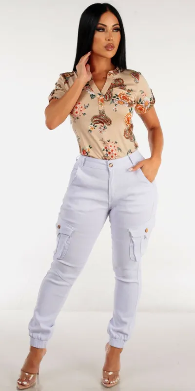White Hyper Stretch Cargo Joggers with Beige Short Sleeve Floral Blouse sold by Moda