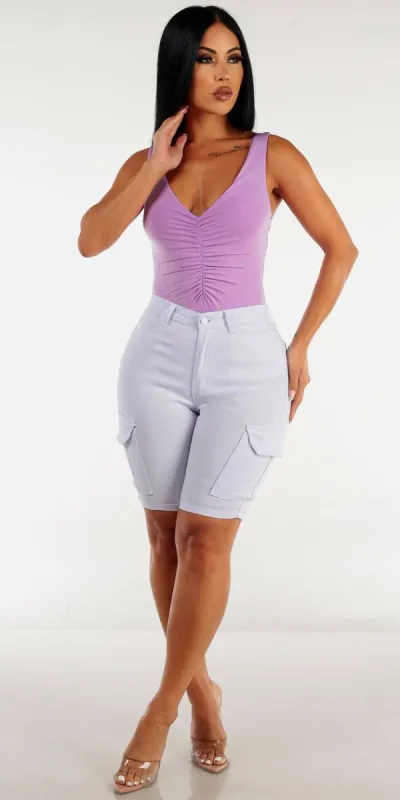 White Hyper Stretch Cargo Bermuda Shorts with Lilac Sleeveless Ruched Bodysuit sold by Moda