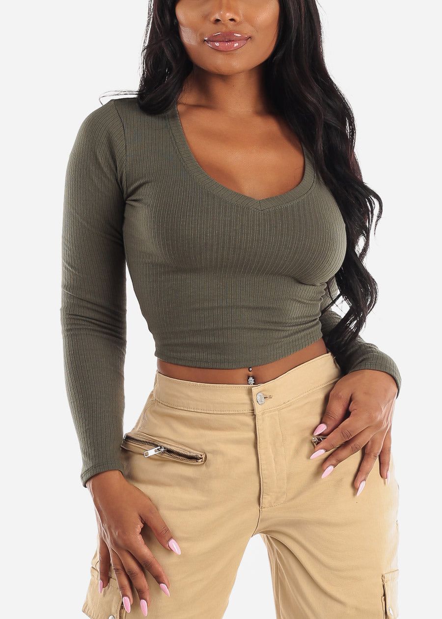 Vneck Long Sleeve Ribbed Crop Top Olive sold by Moda