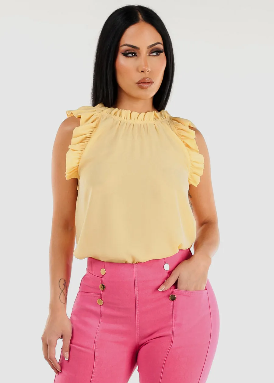 Sleeveless Ruffled Woven Blouse Yellow sold by Moda