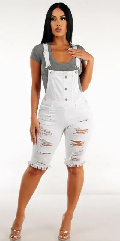 White Torn Denim Bermuda Overalls with Grey Vneck Short Sleeve Crop Top sold by Moda