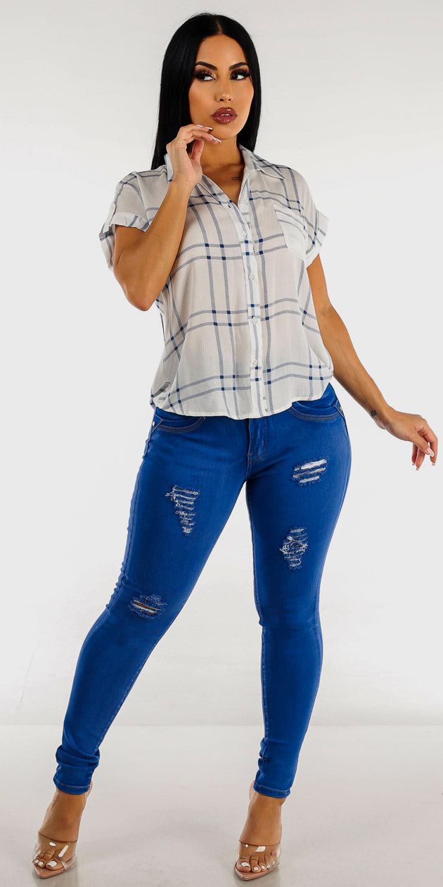Distressed Butt Lift Skinny Jeans with White Plaid Button Up Shirt sold by Moda