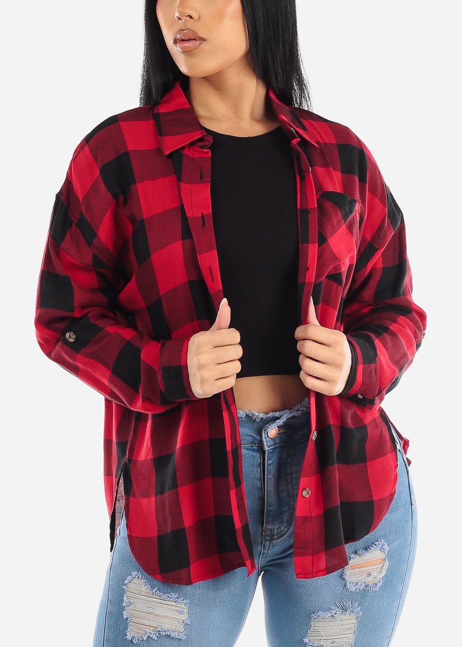 Long Sleeve High Low Plaid Shacket Red & Black sold by Moda product image thumbnail 3