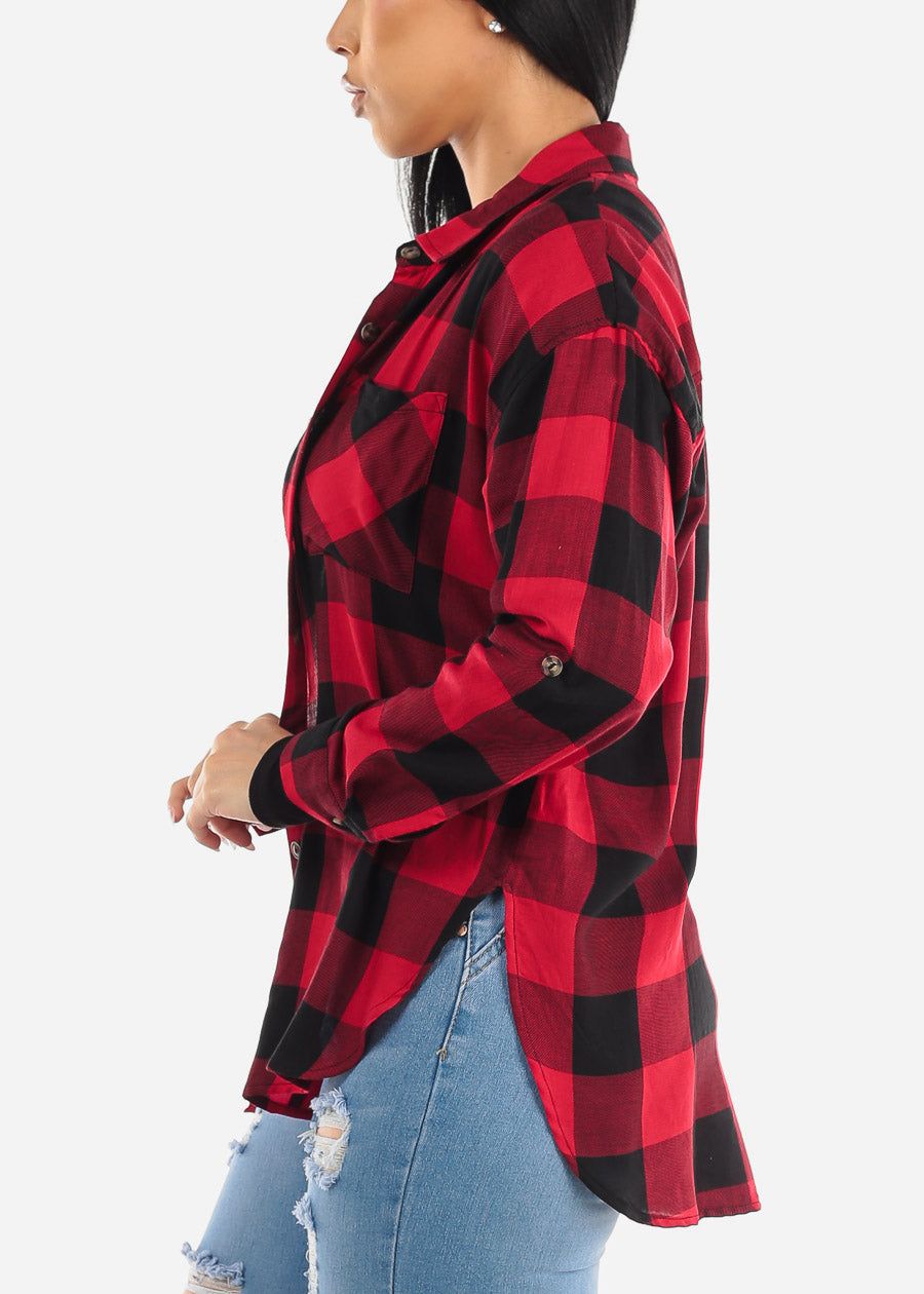 Long Sleeve High Low Plaid Shacket Red & Black sold by Moda product image thumbnail 4