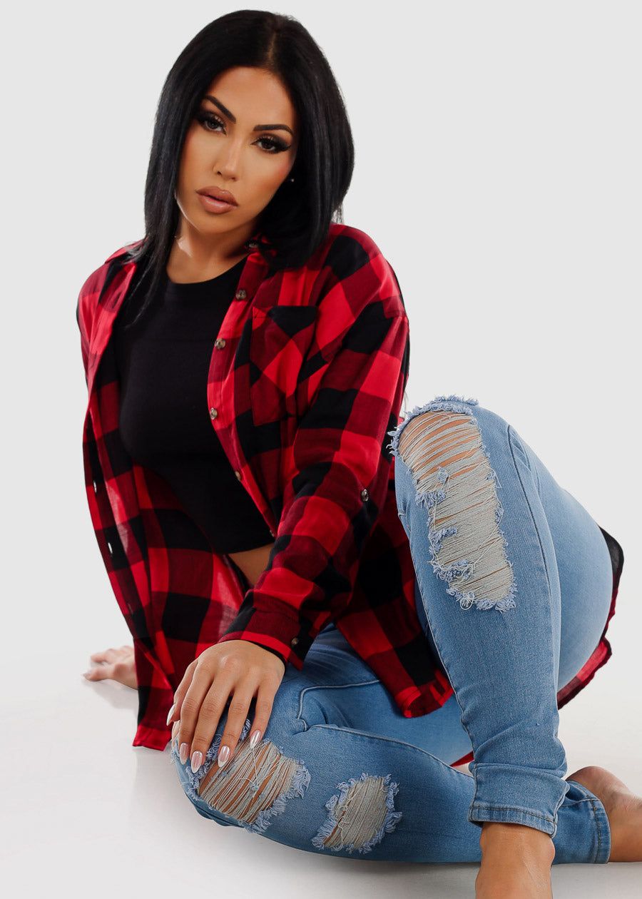 Long Sleeve High Low Plaid Shacket Red & Black sold by Moda