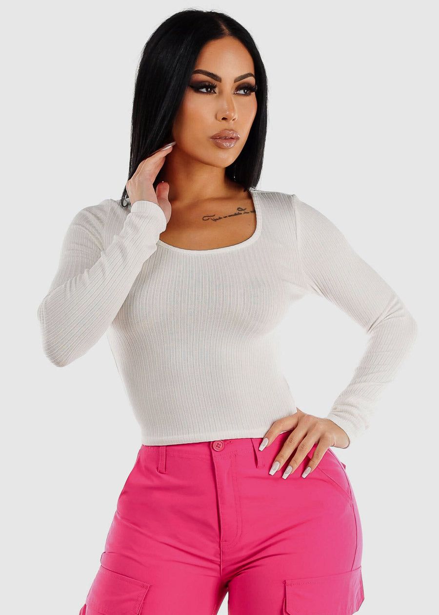 White Ribbed Knit Long Sleeve Top sold by Moda