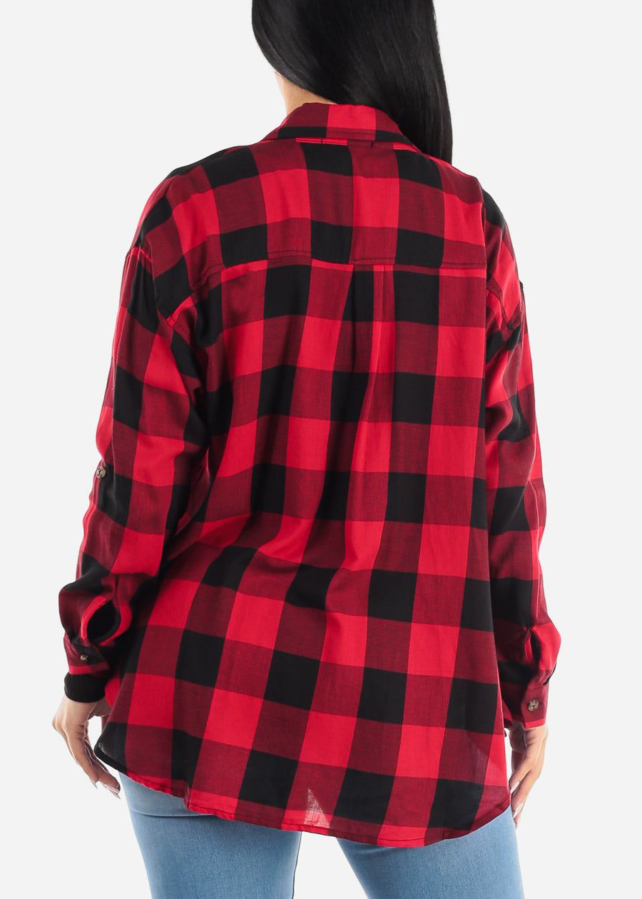 Long Sleeve High Low Plaid Shacket Red & Black sold by Moda product image thumbnail 5