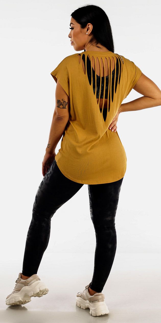 High Rise Metallic Active Leggings Cut Out Metallic Sports Bra and Mustard Active Cut out Athleisure Top sold by Moda