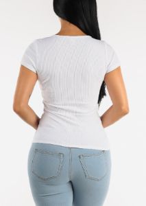 Short Sleeve Notched Ribbed Top White sold by Moda