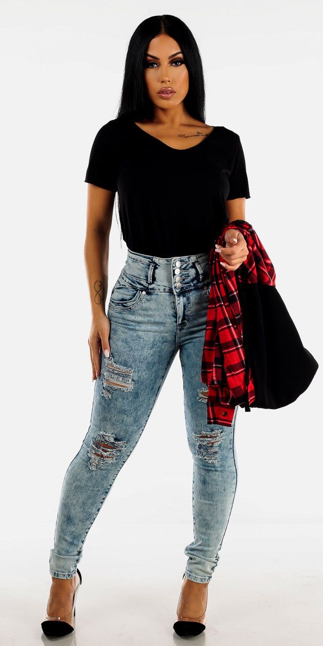 Acid Wash Jeans Black Tee and Flannel Shacket sold by Moda product image thumbnail 3