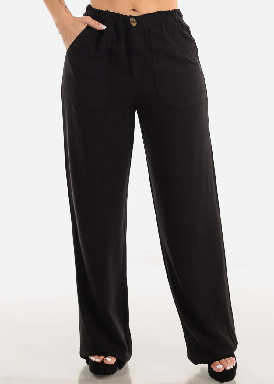 Black Linen High Rise Spandex Waist Wide Leg Pants sold by Moda