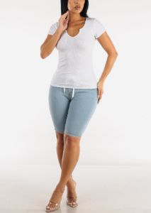 Short Sleeve Notched Ribbed Top White sold by Moda