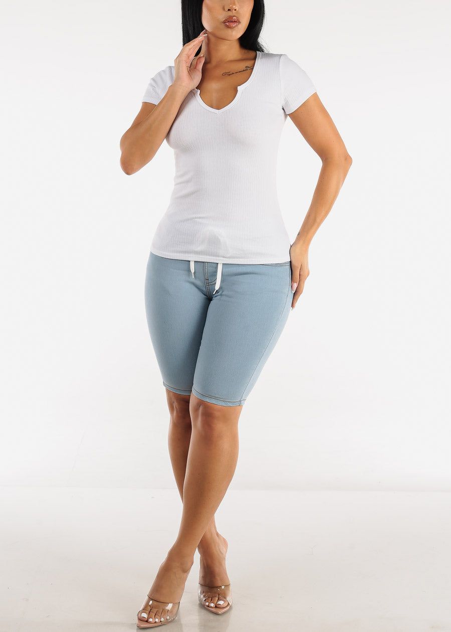 Short Sleeve Notched Ribbed Top White sold by Moda product image thumbnail 2