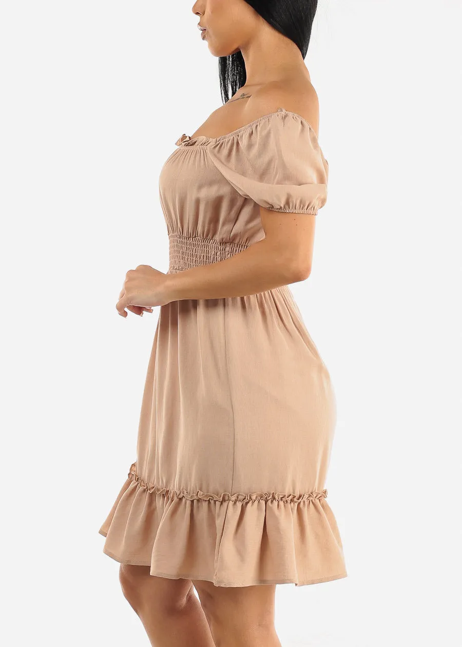 Off Shoulder Smock Waist Mini Dress Taupe sold by Moda product image thumbnail 3