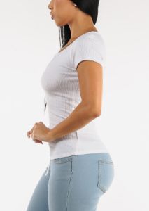 Short Sleeve Notched Ribbed Top White sold by Moda