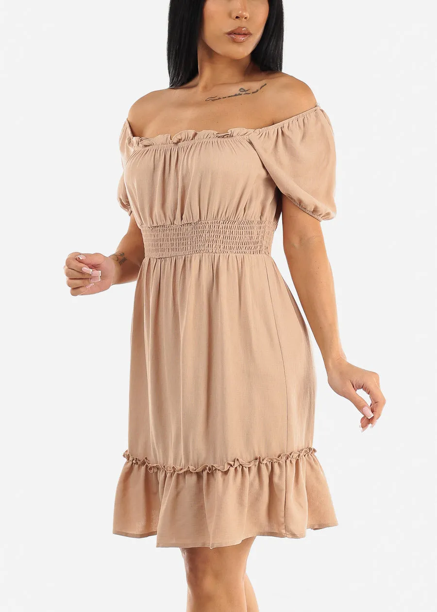 Off Shoulder Smock Waist Mini Dress Taupe sold by Moda