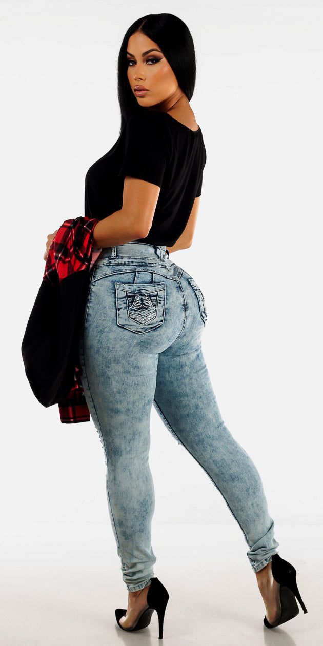 Acid Wash Jeans Black Tee and Flannel Shacket sold by Moda product image thumbnail 2