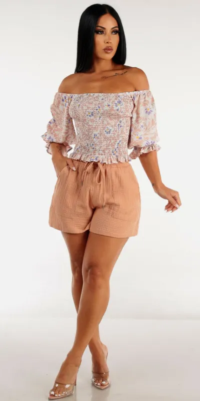 High Drawstring Waist Mocha Cotton Shorts with Blush Off Shoulder Smocked Floral Top sold by Moda