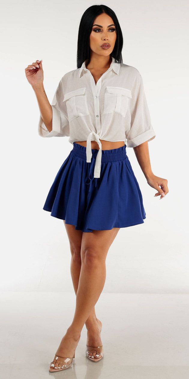 High Rise Paperbag Royal Blue Flared Shorts with Tie Front White Button Up Cropped Shirt sold by Moda