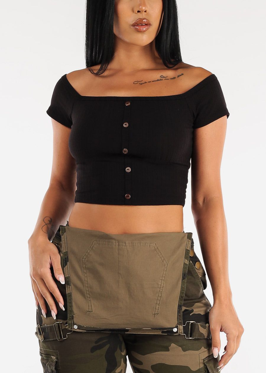 Off Shoulder Black Crop Top w Buttons sold by Moda