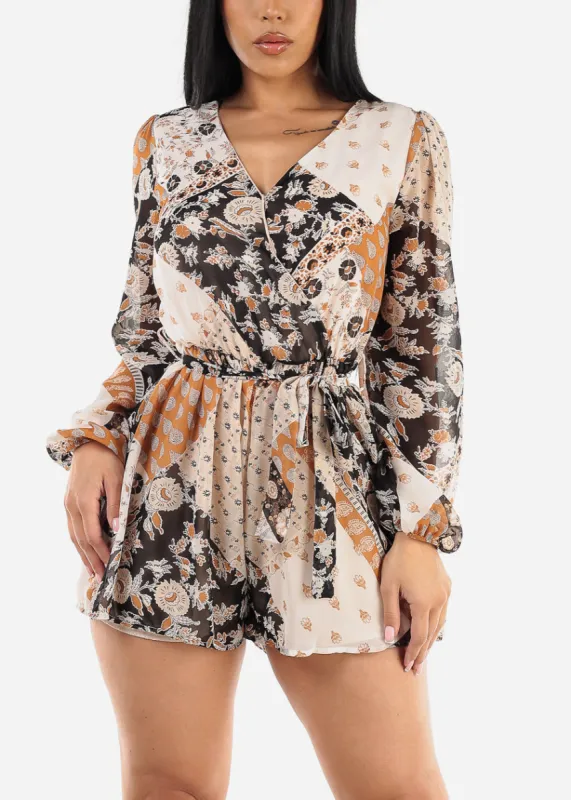 Long Sleeve Surplice Printed Romper Black sold by Moda