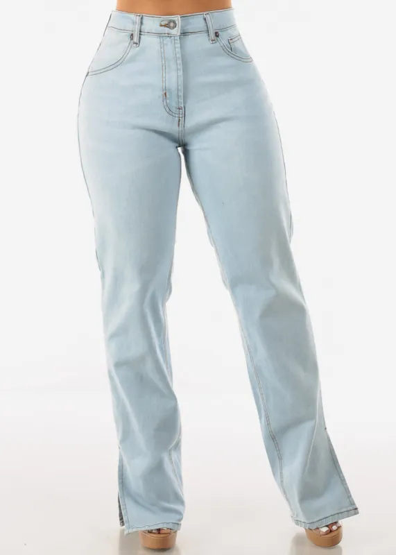 High Waist Wide Leg Straight Stretch Jeans Light Blue sold by Moda