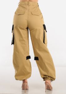 Khaki High Waist Wide Leg Cargo Parachute Jogger Pants sold by Moda