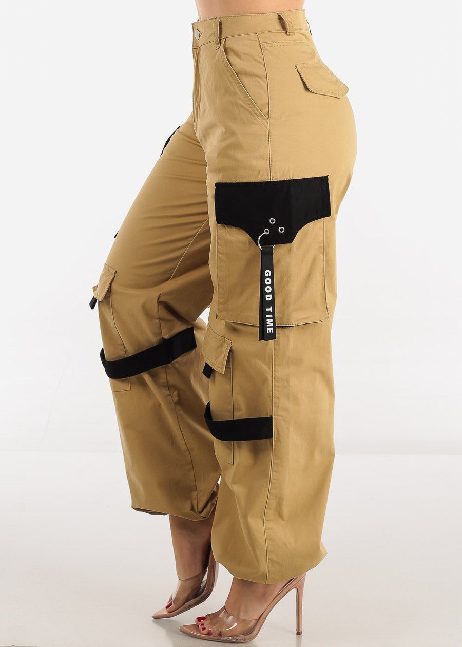 Khaki High Waist Wide Leg Cargo Parachute Jogger Pants sold by Moda product image thumbnail 3