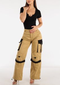 Khaki High Waist Wide Leg Cargo Parachute Jogger Pants sold by Moda
