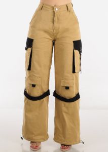 Khaki High Waist Wide Leg Cargo Parachute Jogger Pants sold by Moda