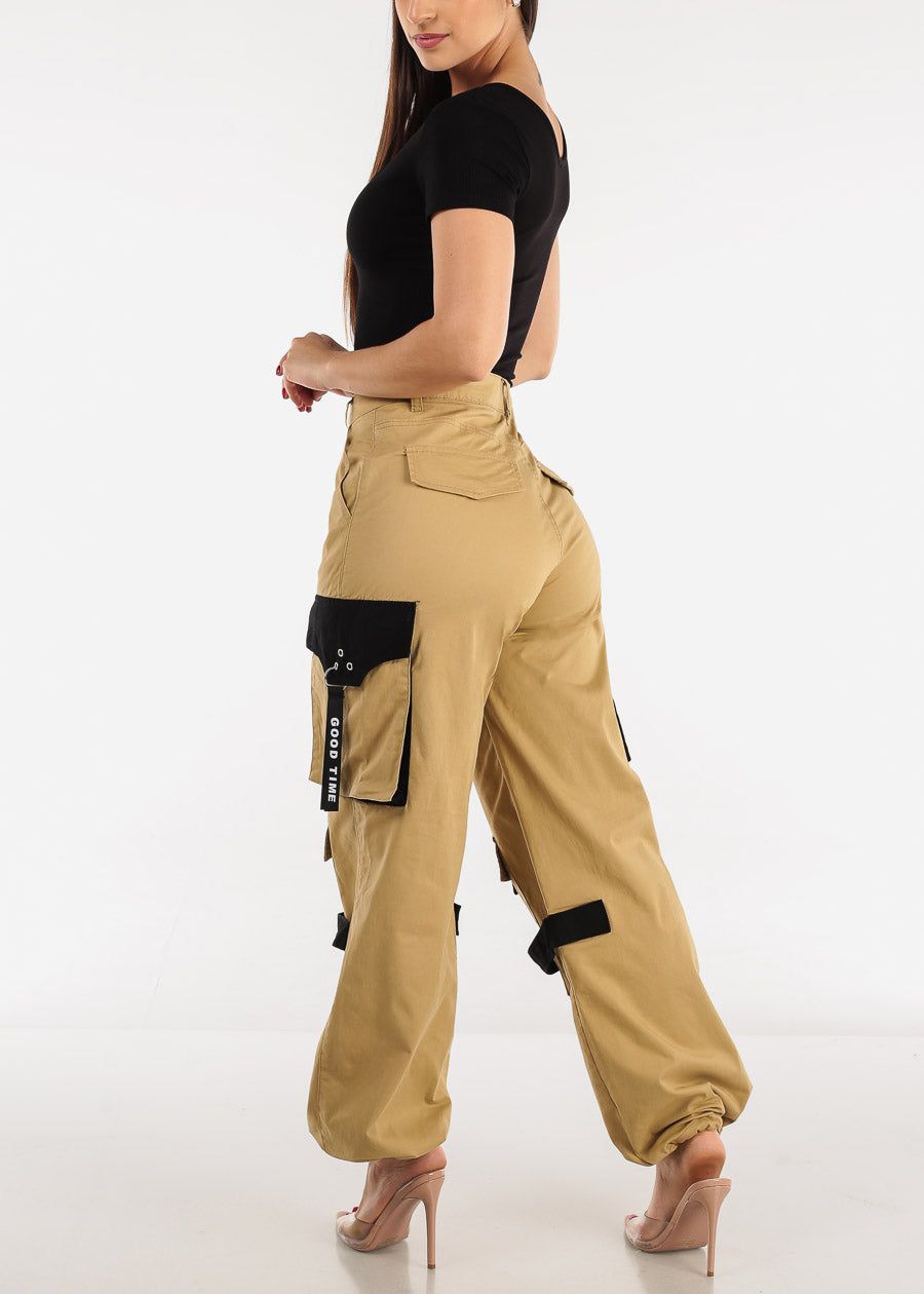Khaki High Waist Wide Leg Cargo Parachute Jogger Pants sold by Moda product image thumbnail 5