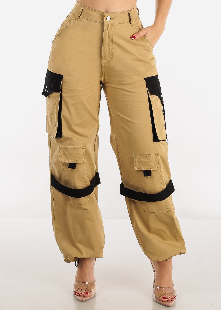 Khaki High Waist Wide Leg Cargo Parachute Jogger Pants sold by Moda