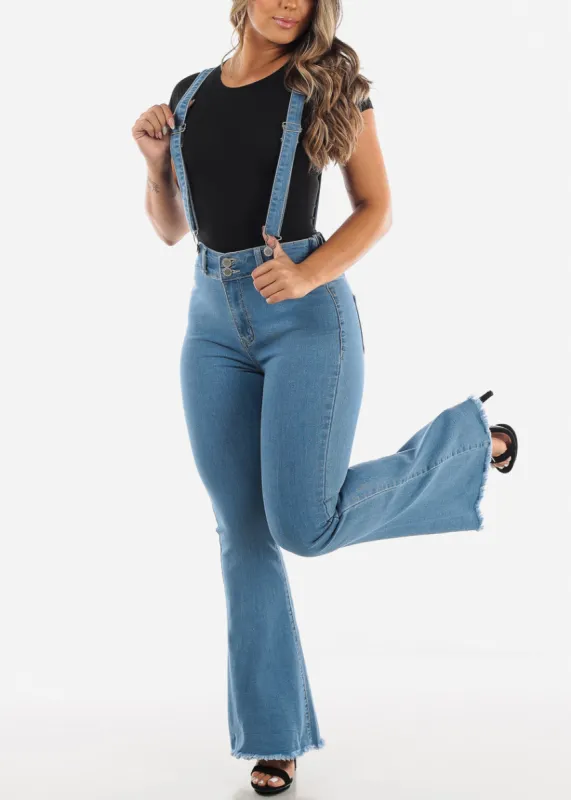 High Waisted Suspender Flared Jeans Med Wash sold by Moda