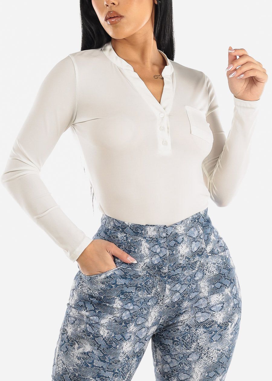 Long Sleeve Half Button Up Blouse Off White sold by Moda