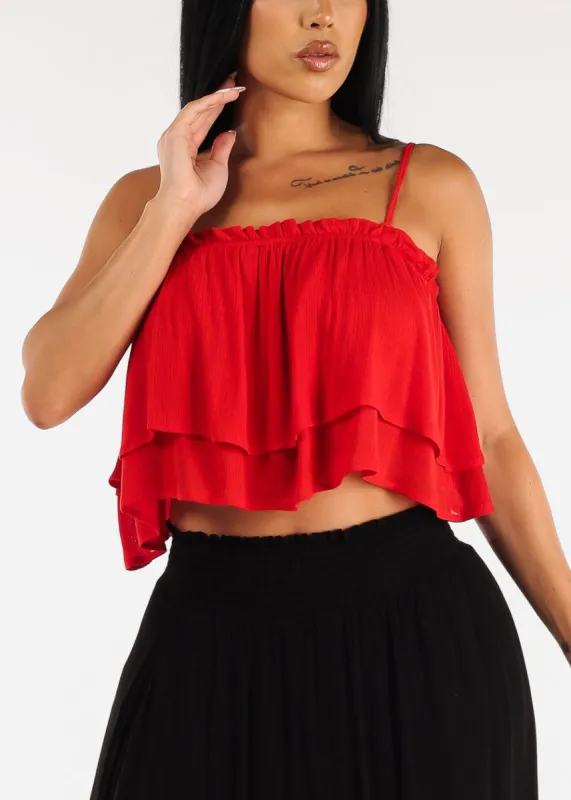 Spaghetti Strap Layered Ruffle Cami Crop Top Red sold by Moda