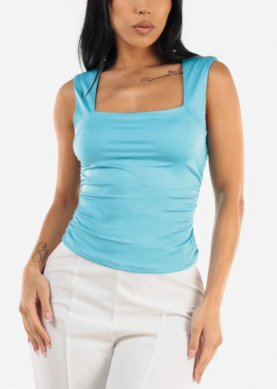 Sleeveless Square Neck Ruched Top Aqua Blue sold by Moda