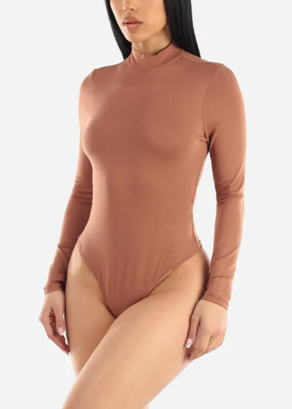 Mock Neck Long Sleeve Thong Bodysuit Mocha sold by Moda