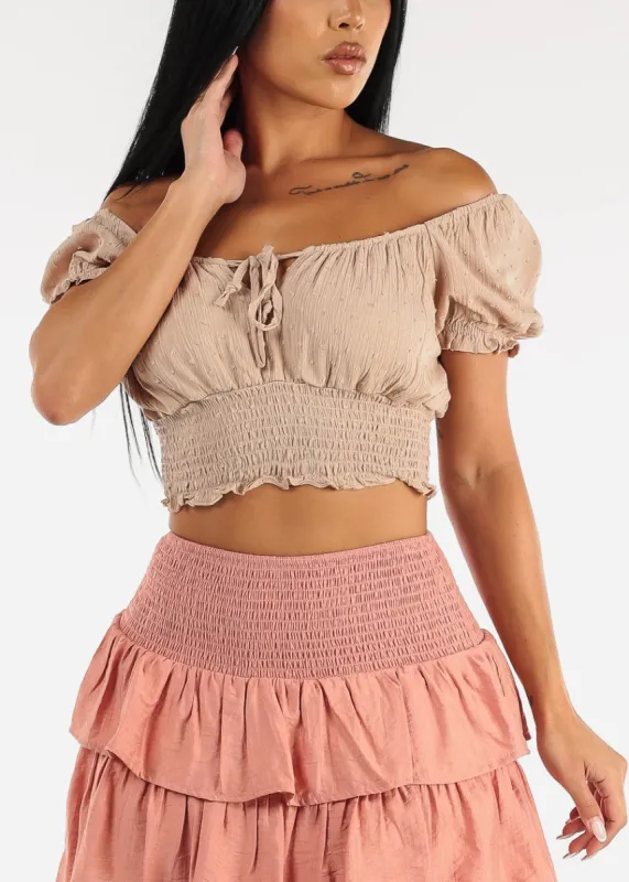 Smocked Hem Short Puff Sleeve Crop Top Beige sold by Moda
