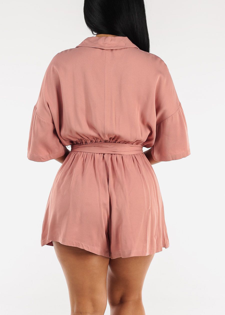 Short Sleeve Button Up Romper Mauve w Tie Belt sold by Moda product image thumbnail 4