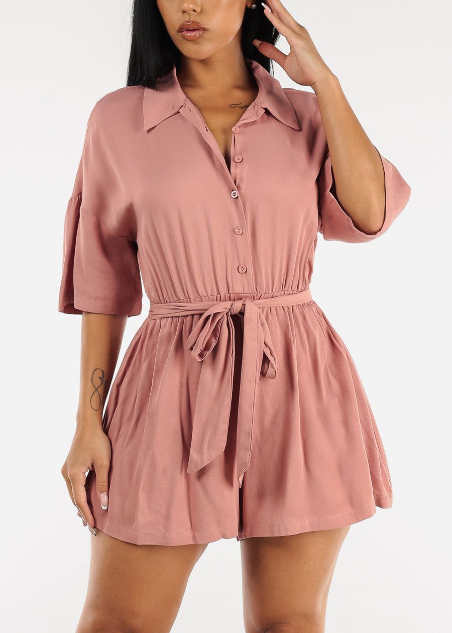 Short Sleeve Button Up Romper Mauve w Tie Belt sold by Moda