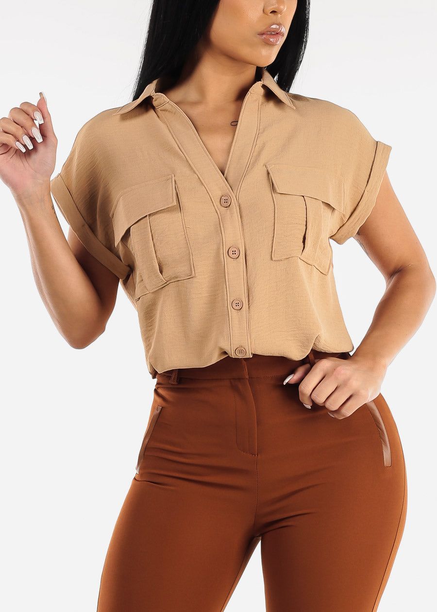 Taupe Cap Sleeve Button Down Shirt sold by Moda