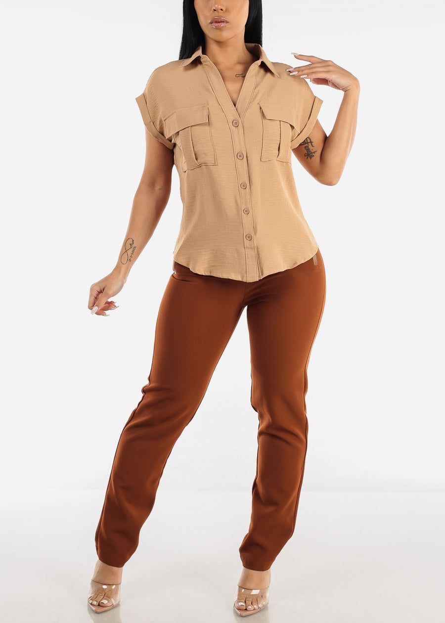 Taupe Cap Sleeve Button Down Shirt sold by Moda product image thumbnail 2