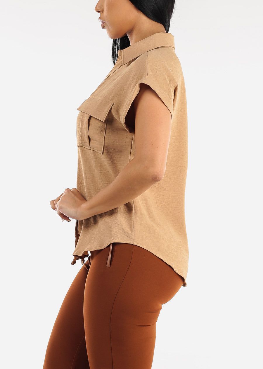 Taupe Cap Sleeve Button Down Shirt sold by Moda product image thumbnail 3