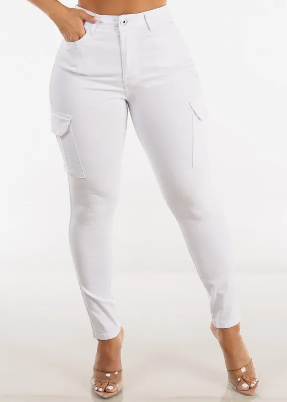White High Waist High Stretch Cargo Skinny Jeans sold by Moda