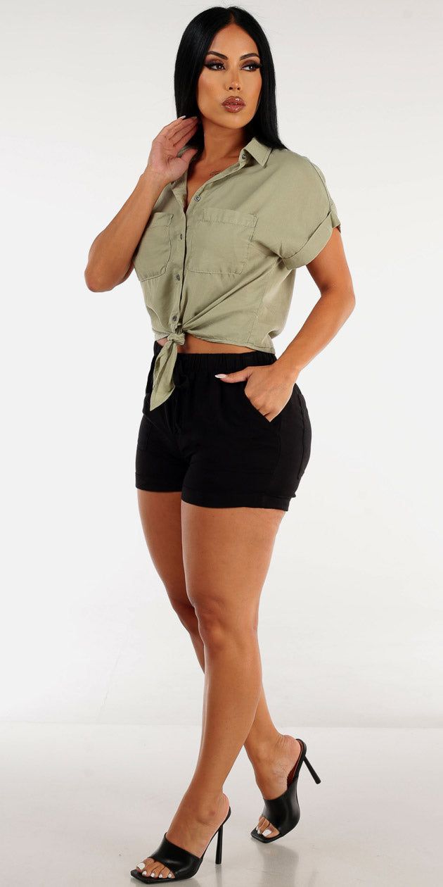 Black Drawstring Waist Tencel Shorts with Olive Short Sleeve Tie Front Button Up Shirt sold by Moda