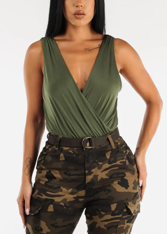 Sleeveless Surplice Thong Bodysuit Olive sold by Moda