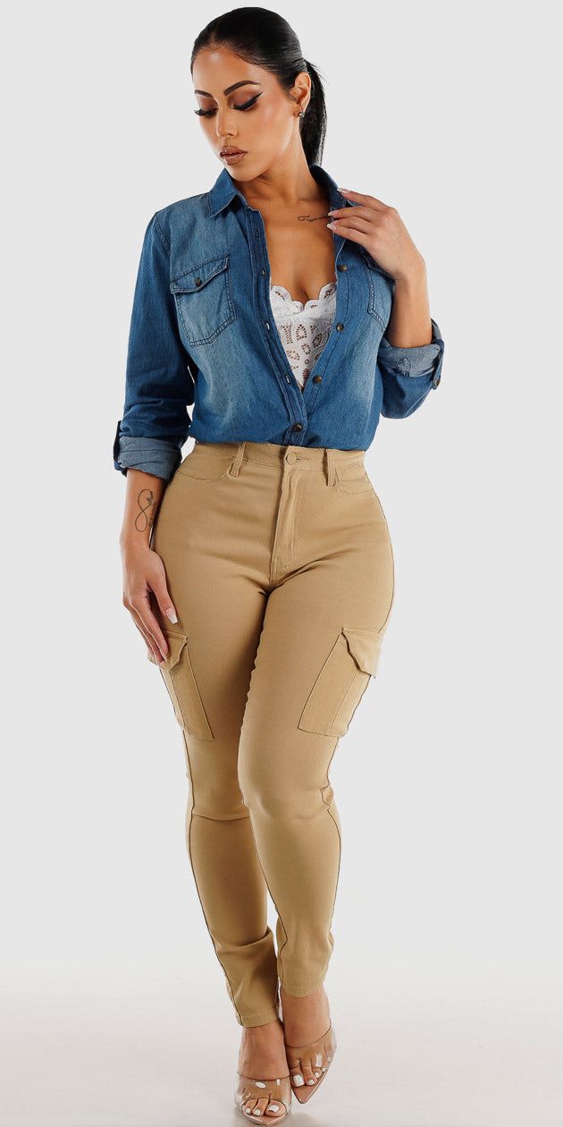 Hyper Stretch Khaki Cargo Skinny Pants White Bralette and Long Sleeve Button Up Denim Shirt sold by Moda