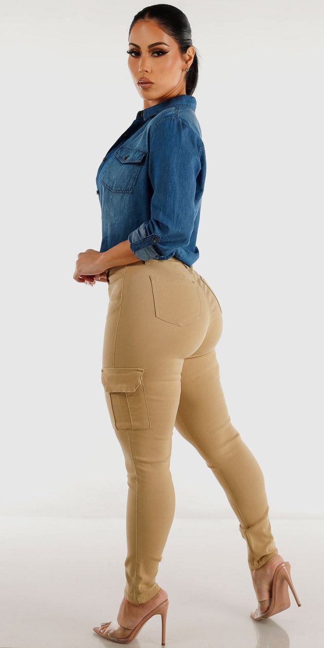 Hyper Stretch Khaki Cargo Skinny Pants White Bralette and Long Sleeve Button Up Denim Shirt sold by Moda product image thumbnail 2